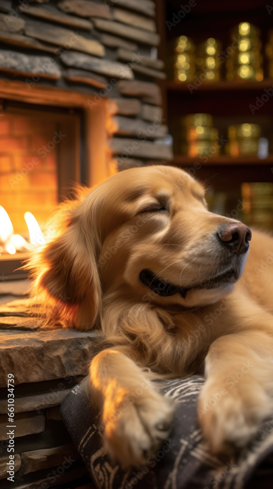 A contented Golden Retriever basking in the warm glow of a fireplace, enjoys the cozy comforts of home. A contented Golden Retriever basking in the warm glow of a fireplace, enjoys the cozy comforts of home.