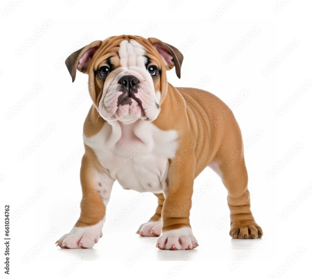 English bulldog puppy, standing in white background