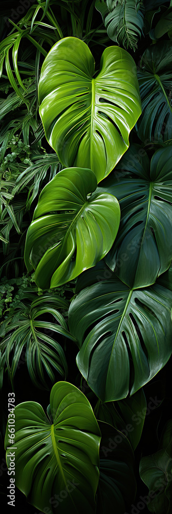 Fototapeta premium Mysterious Jungle: A Symphony of Wet Leaves,green leaves background,green leaves of a plant,background of leaves