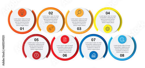 infographic template design, minimalist concept, interconnected circles with 8 steps, lines and colors in each step, good for your business presentation