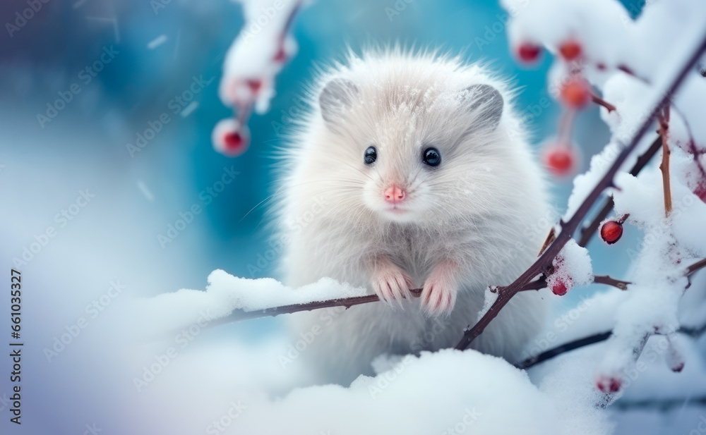 Pequeño ratón blanco adorable en el bosque cubierto de escarcha en una rama bajo la nieve navideña. - obrazy, fototapety, plakaty 