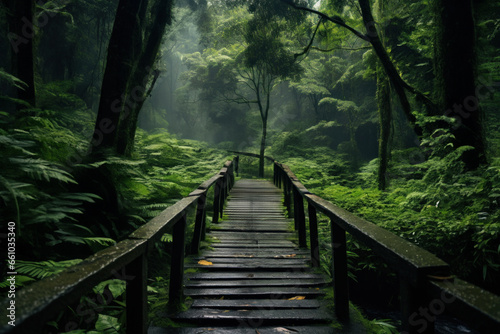 A wooden paved bridge through the rainy jungle.