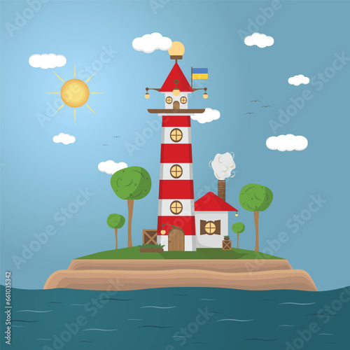 Lighthouse sea landscape. Nautical navigation tower on rocky coast under cloudy sky with trres. Ocean beach with beacon and building on cliff. Vector colored flat cartoon illustration of seascape photo