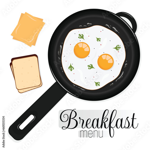 Frying eggs on frying pan. Breakfast menu logo on white background