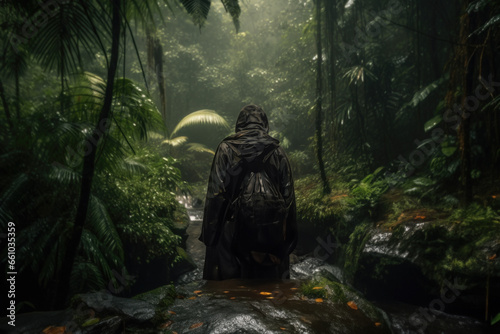 Backpacking through lush rainforests, trekking in exotic locales. A person in dark raincoat stands on the bank of a stream.