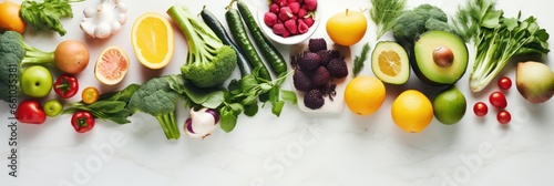 Healthy living through art  flat lay of fresh fruits and vegetables banner