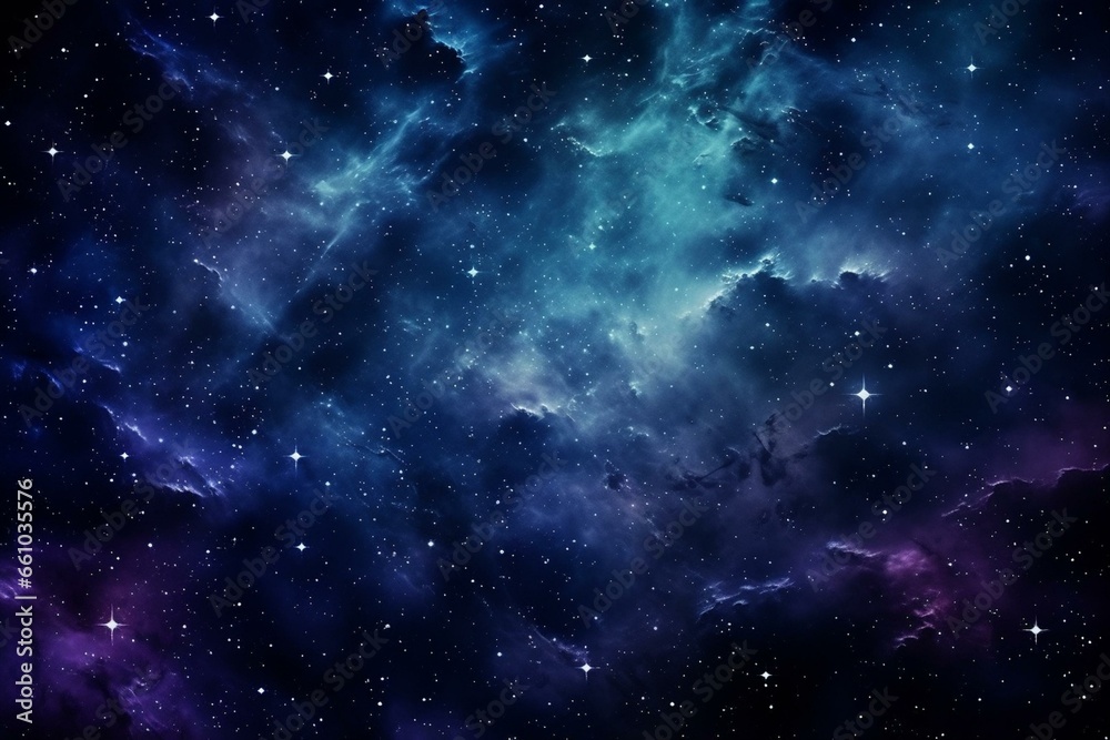 Cosmic wallpaper with galaxies and universe motifs in deep shades of blue and purple. Generative AI