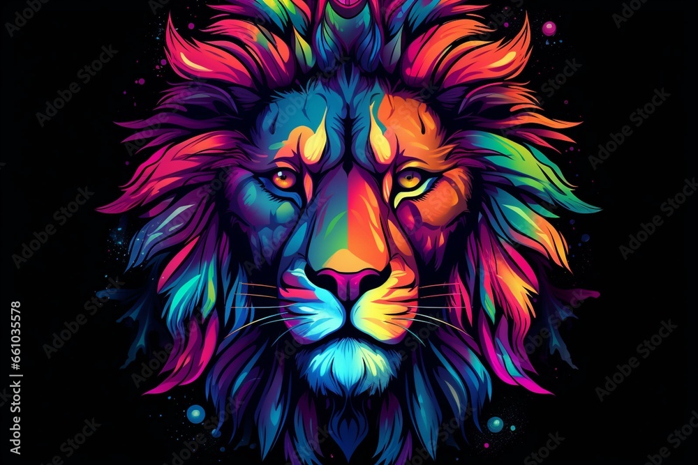 Vibrant lion sports team logo t-shirt with tattoo-like design in neon colors on transparent background. Generative AI