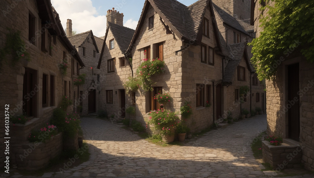 Medieval village, a quaint cluster of stone cottages nestled along cobblestone streets - AI Generative