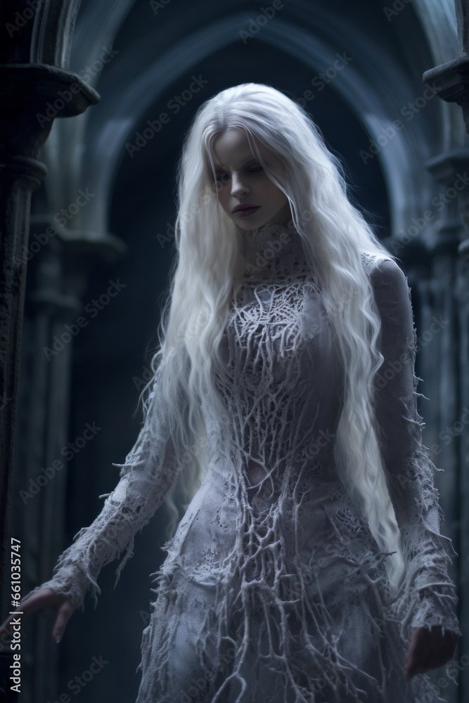 Enigmatic lady with flowing silver locks, adorned in a Gothic gown, stands amidst the softly illuminated castle chambers.