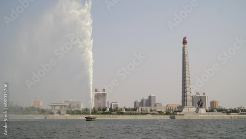 Pyongyang, North Korea, view of the Juche Tower from the Taedong River