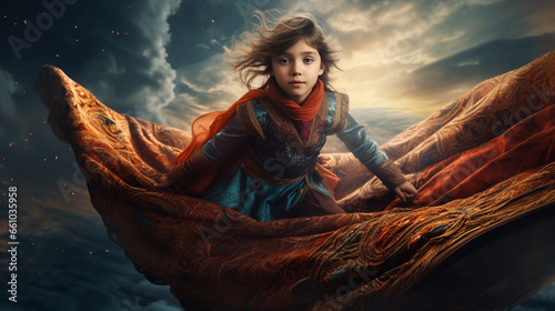 Young Child (Girl) Soaring High on a Magic Flying Carpet Above the Clouds - Venturing into the World of Imagination & Dreams. Generative AI.