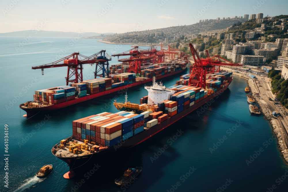 Logistics and Transportation Hub: A bustling international port with ships, containers, and advanced technology, representing the global movement of goods and the intricate logistics 