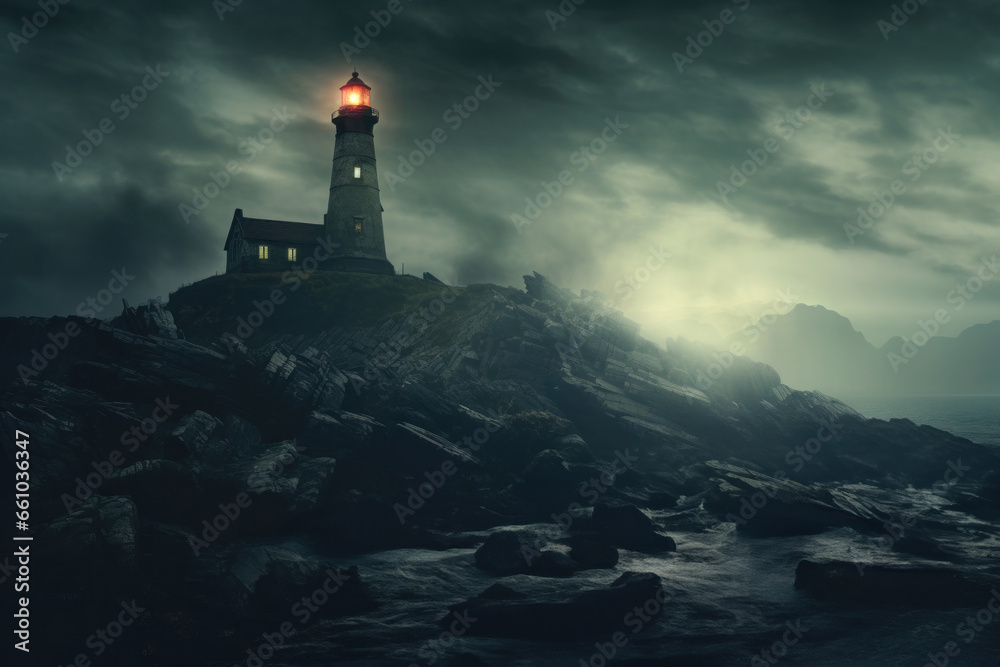 Mysterious lighthouse on a deserted island, shrouded in mist, eerie and atmospheric setting.