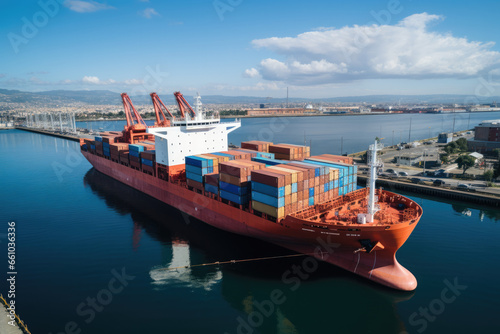 Logistics and Transportation Hub: A bustling international port with ships, containers, and advanced technology, representing the global movement of goods and the intricate logistics.