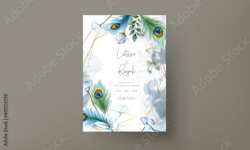 wedding invitation card with beautiful floral and peacock feather