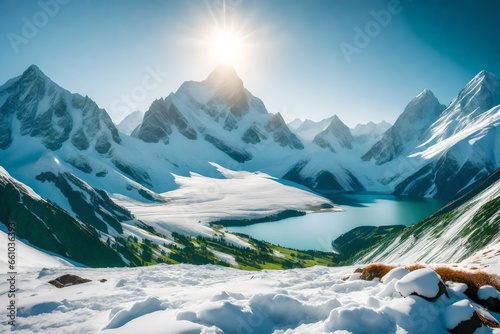 Mountain landscape, a majestic vista of towering peaks covered in thick blankets of snow - AI Generative