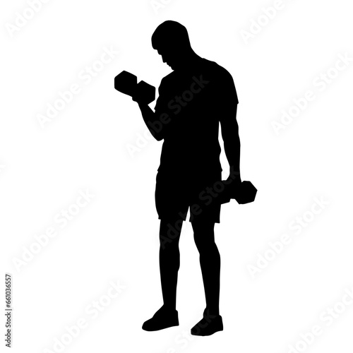 Silhouette of a muscular male in weight lifting pose at the gym. Silhouette of a muscular man in workout pose lifting dumbbell.