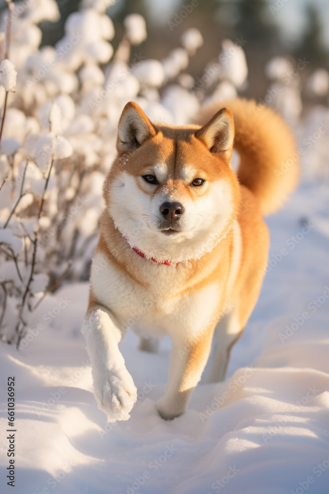 Shiba Inu running in the snow on a Christmas morning.