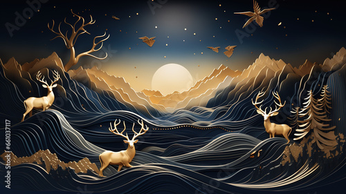 art mural wallpaper with dark blue and golden wave background