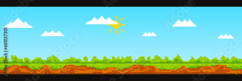 A set of pixelated seamless landscape background with sky, clouds, sun, trees, bushes, earth to create various scenes and levels in 8 bit games. Pixel art game background.