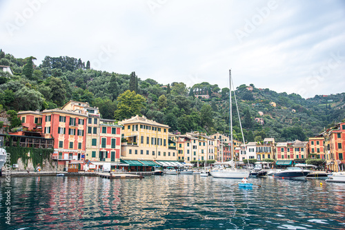 Panoramic View to colorfully painted building and see, Portofino, Italy