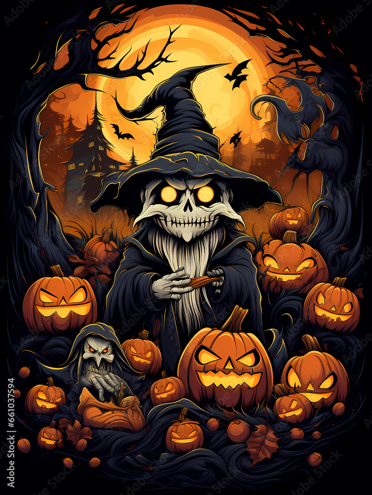 illustration d'Halloween avec des citrouilles, des chauves-souris et des monstres illustration d'Halloween avec des citrouilles, des chauves-souris et des monstres