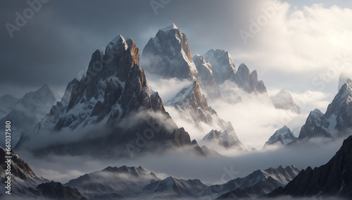Mountain landscape  a majestic vista of towering peaks covered in thick blankets of snow - AI Generative