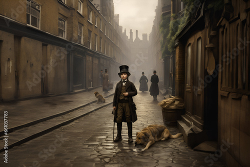 A poor street child is on the street with his dog in London in the 1800s. - Generative AI