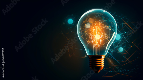 Beautiful light bulb of blue and yellow colors isolated on a black background. Banner. Copy space