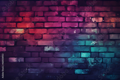 Brick wall illuminated with a gradient of warm to cool colors