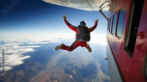 Man jumping our of plane for skydiving. Extreme sport fun adventure