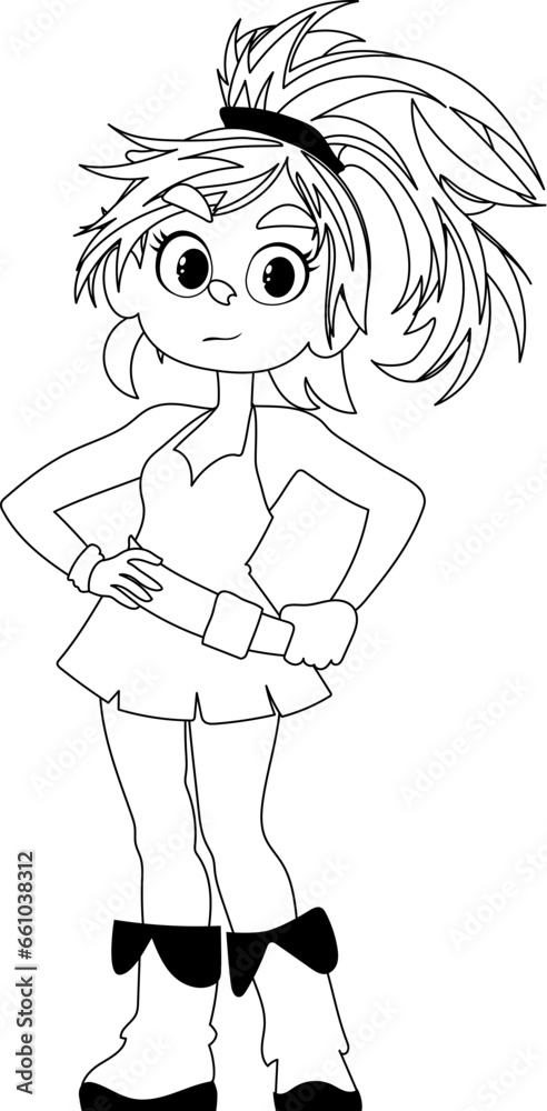 Fototapeta premium Funny and cute female pirate holding a bottle of rum. Coloring style
