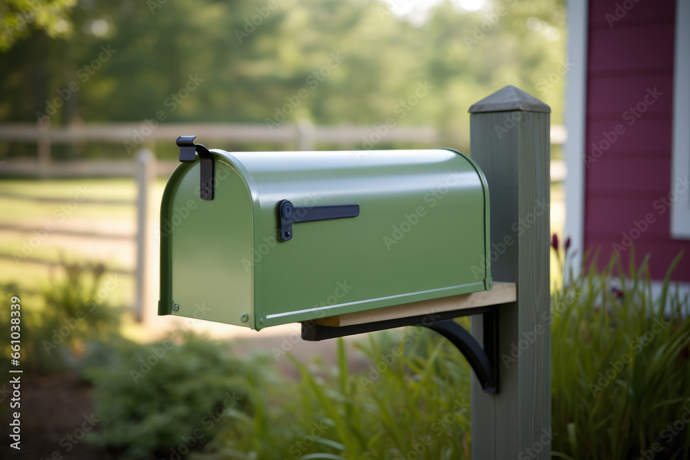 Light Green Mailbox in Front of House, USPS, Generative AI