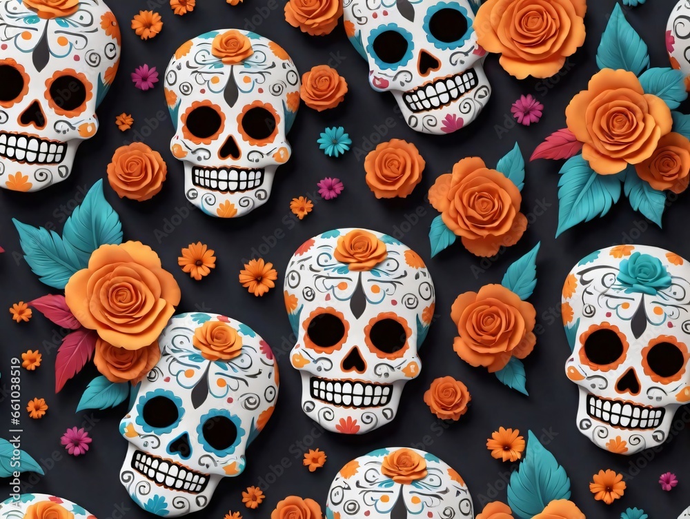 A Group Of Skulls With Flowers And Leaves A Group Of Skulls With Flowers And Leaves