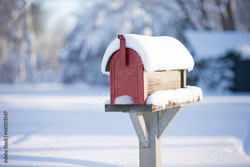Red Mailbox Covered with Snow in Winter, Generative AI