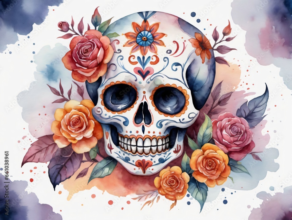 Watercolor Skull With Roses Watercolor Skull With Roses