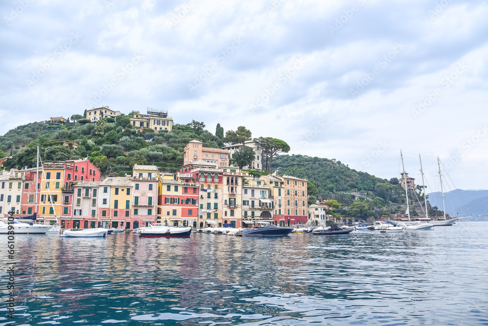 Panoramic View to colorfully painted building and see, Portofino, Italy