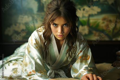 Intense brunette woman in bathrobe laying on bed with accusatory gaze and air of vengeance.