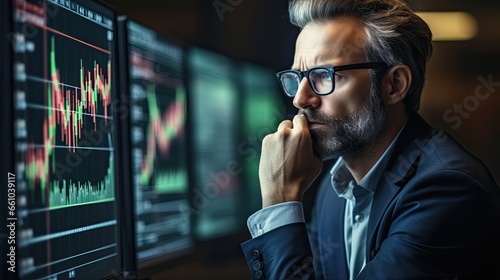 Busy serious middle aged business man financial investor, stock trader broker analyzing online market price thinking of investing money in digital crypto trading exchange checking funds value. photo