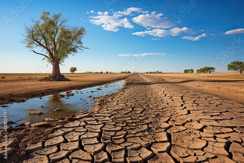 Heat and drought. Global warming, climate change. Endless dried-up plain with chapped ground and dead dried plants. Desertification and soil degradation.