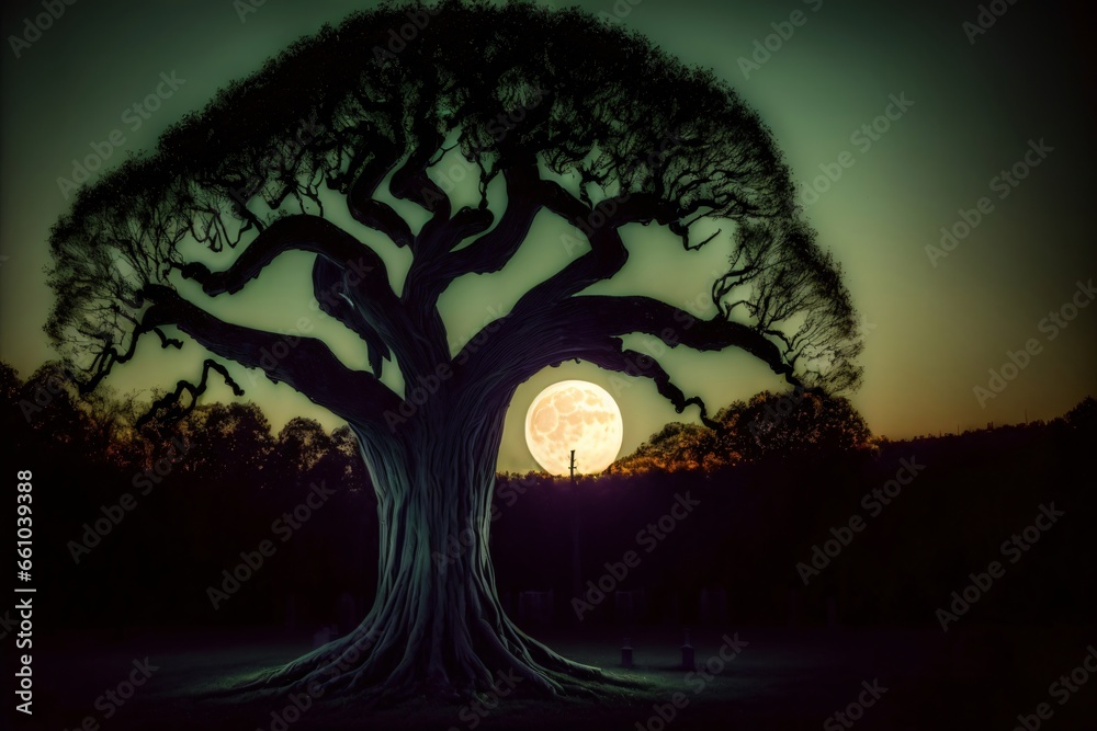 Fototapeta premium A Tree With A Full Moon In The Background