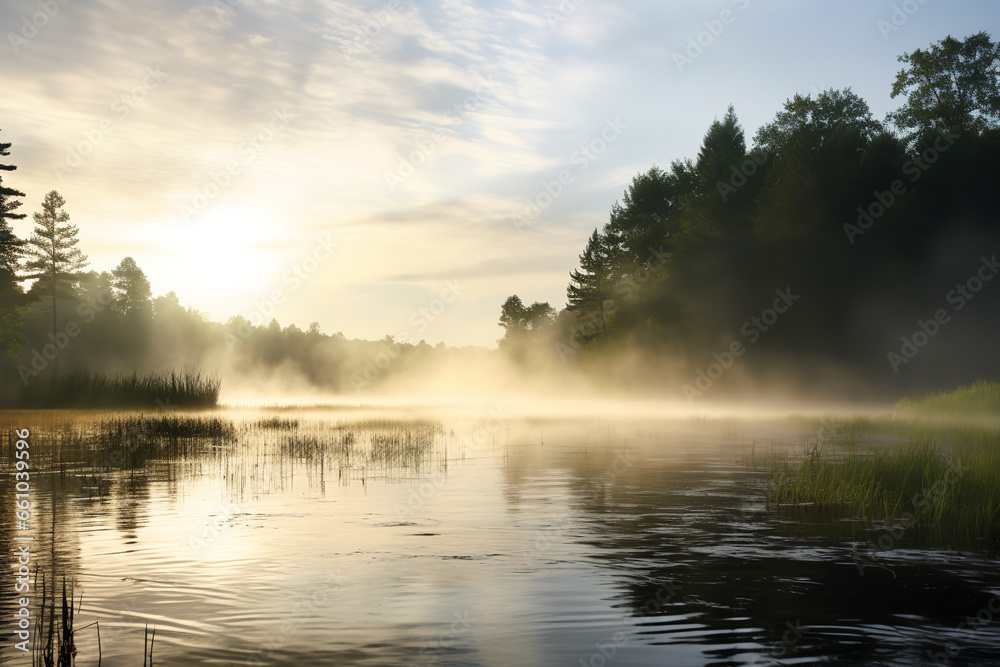 The dense fog rolls over the calm surface of a lake, creating a mysterious and serene environment on a humid morning The dense fog rolls over the calm surface of a lake, creating a mysterious and serene environment on a humid morning