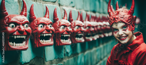 Enchanting mischievous little girl in devil costume, with a smirk, standing before a wall covered with red horned devil masks.