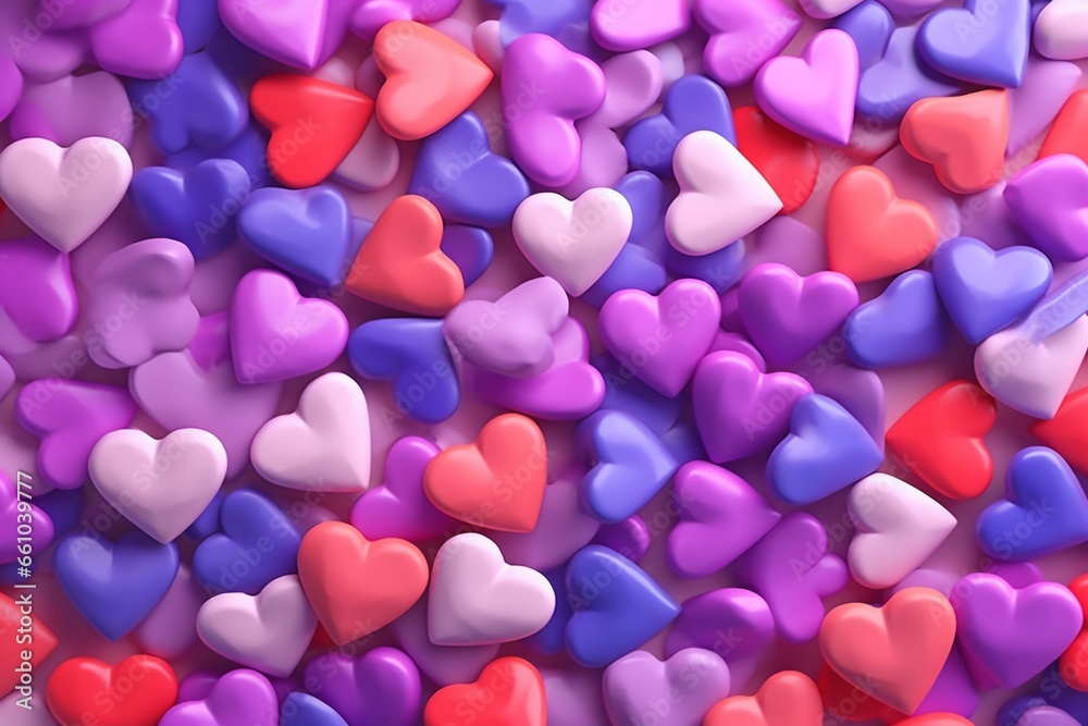 Background with colorful hearts. Wallpaper for Valentine's Day featuring pink and violet love hearts. 3D rendered image. Generative AI