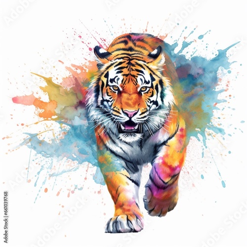 vibrant water color ink splashes full body tiger.Generative AI