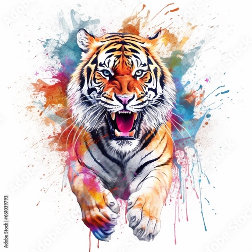 vibrant water color ink splashes full body tiger.Generative AI