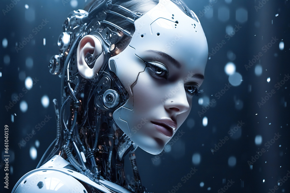 Beautiful futuristic white android woman. Artificial intelligence concept.