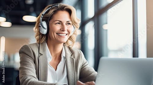 Happy professional mature female hr manager, smiling mature mid aged business woman in office wearing earbud looking at laptop computer having hybrid conference work meeting or remote job interview