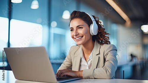 Happy professional mature female hr manager, smiling mature young business woman in office wearing earbud looking at laptop computer having hybrid conference work meeting or remote job interview photo